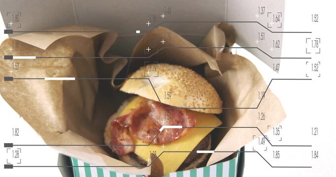 Camera starting blurred closeup zooming out revealing sesame bun cheese bacon with HUD for ad