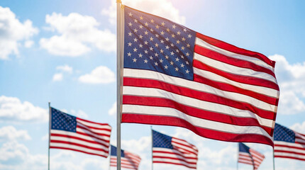 Obraz premium American Flags Waving in the Wind Against a Blue Sky with Sun Flare