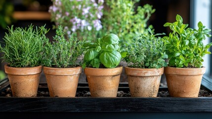 Fototapeta premium Close-up of diverse fresh herbs in terracotta pots, arranged in a row on a windowsill