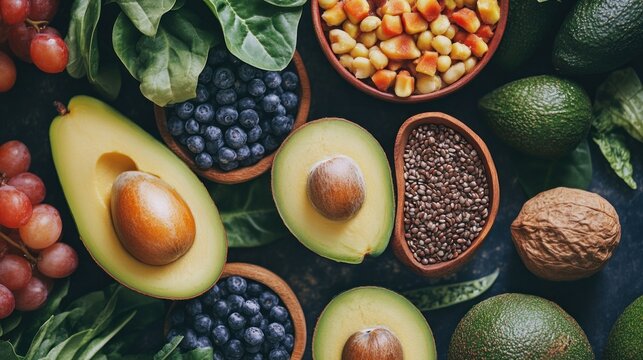 Overhead shot of a variety of fresh, colorful produce avocados, berries, greens, grains, and nuts