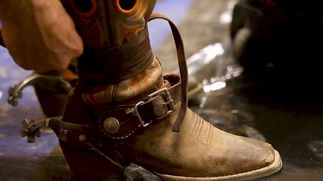 Close up of cowboy strapping up leather boots 