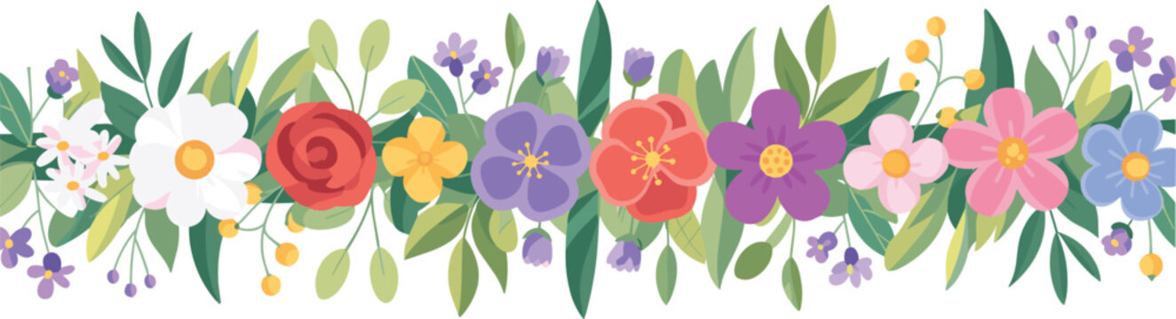 Colorful spring floral border vector with diverse flowers and green leaves isolated on white background for decorative frames.