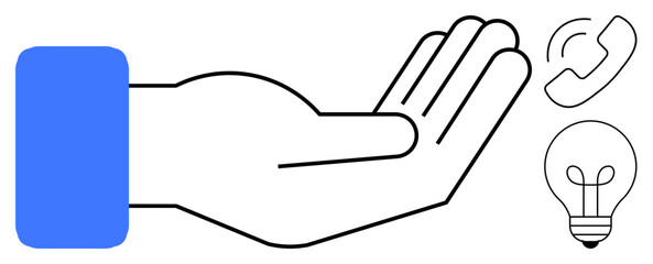 Obraz premium Communication concept. Open hand gesture alongside phone and light bulb icons communication and innovation. Communication fosters ideas, problem-solving, and connection. Perfect for technology