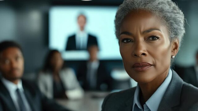 Woman in business attire addressing colleagues, possibly making a decision or explaining strategy.