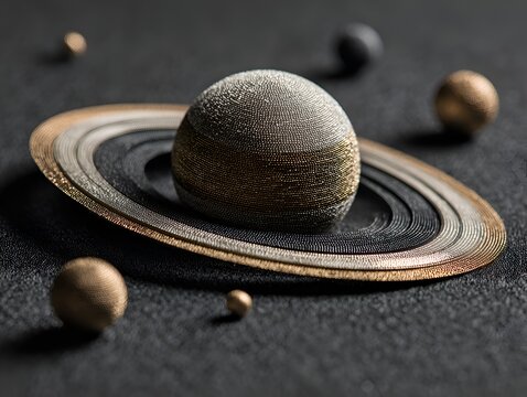 Artistic rende of Saturn-like planet with its iconic s amidst smaller celestial bodies against a dark space background scene created.