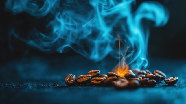 Roasted coffee beans, emitting blue smoke with a burst of orange-red glow