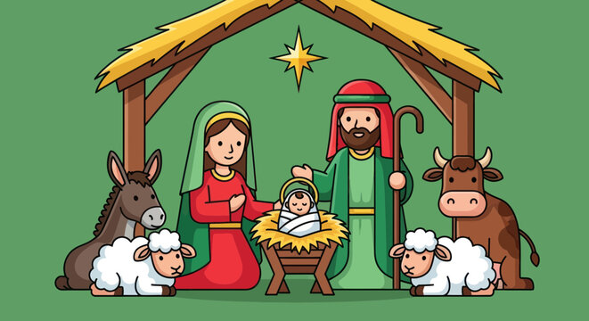 Nativity Scene Illustration: Baby Jesus, Mary, Joseph, Animals, Stable, Star