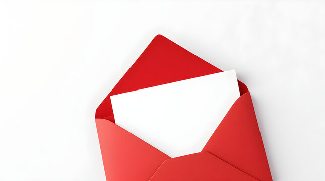 Open red envelope with blank white card isolated on white background, top down studio shot, minimalist style, bright lighting, clean corporate concept