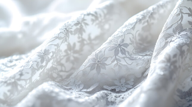 Elegant white floral lace fabric with soft folds, macro close-up view, bright natural lighting, artistic style, romantic and delicate aesthetic background