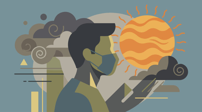 Climate change impact on health, person wearing mask with heatwave sun and pollution elements .eps