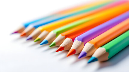 Fototapeta premium Row of vibrant multi-colored wooden pencils arranged diagonally on a clean white surface with shallow depth of field in studio lighting