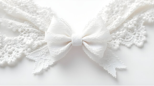 Elegant white lace ribbon bow centered on a minimalist white background, soft high key studio lighting, romantic wedding invitation style