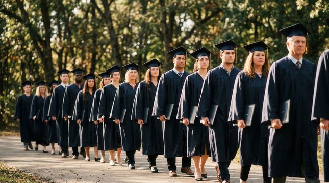 Graduates walking in procession outdoors wearing caps and gowns in line