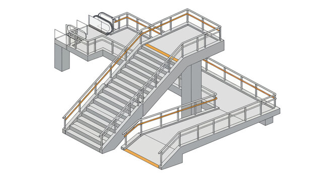 Isometric view of a modern pedestrian overpass with stairs and ramps.