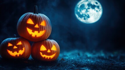 Obraz premium Three illuminated jack-o'-lanterns stacked under a glowing moon at night, atmospheric and spooky