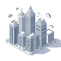 Fototapeta premium Isometric View of Modern Cityscape with Tall Skyscrapers and Clouds.