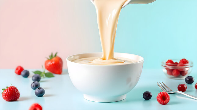Creamy yogurt pouring into a white bowl with fresh mixed berries on a soft pastel background, professional studio lighting, vibrant commercial food photography