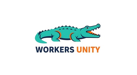 Fototapeta premium Teal and orange alligator illustration featuring workers unity text for labor organization art.