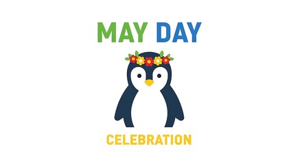May day celebration with a cute penguin wearing a floral wreath.