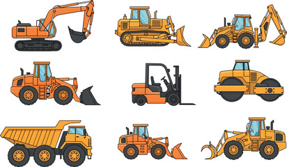 Set of heavy construction machinery vehicles including excavator, bulldozer, loader, forklift, dump truck and roller isolated on white background, industrial equipment illustration © MdFojlur