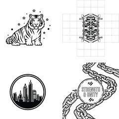 Fototapeta premium Urban grunge vector pack with tiger, skyline, chains, and ornate design, wild animal, graphic elemen