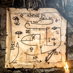 Obraz premium Ancient mystical parchment with cryptic symbols and glowing candles.