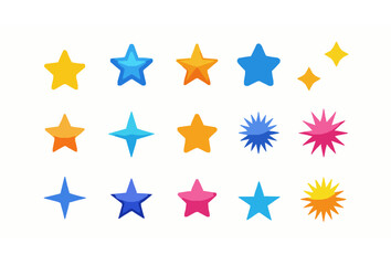 Fototapeta premium Colorful flat star icon collection with playful sparkles and decorative shapes for kids and game design