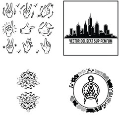 Fototapeta premium Vector graphics bundle: hand gestures, city silhouette, abstract designs, and compass, thumbs up