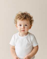 Naklejka premium Adorable toddler with curly hair in white shirt on neutral background