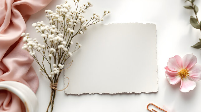 Blank torn edge paper card mockup with baby breath flowers, soft pink fabric, and delicate floral accents on a clean white background