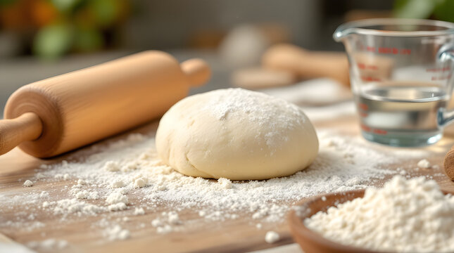 Fresh raw dough ball for bread or pizza with flour on wooden kitchen table rolling pin and measuring cup in soft natural light