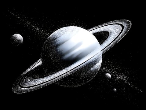 Saturn planet with its s and moons is depicted in a black and white stippled drawing style against a black background, creating contrast.