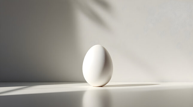 A single white egg standing on a smooth white surface, captured with soft natural sunlight and creative shadow patterns, minimalist artistic studio photography