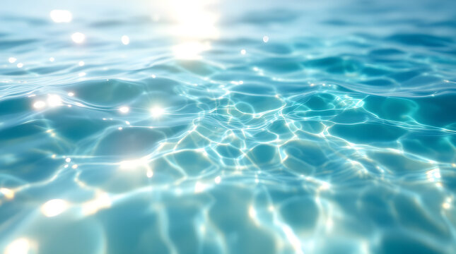 Abstract background of clear blue ocean water surface with sun reflections and ripples captured in a shallow close up cinematic composition
