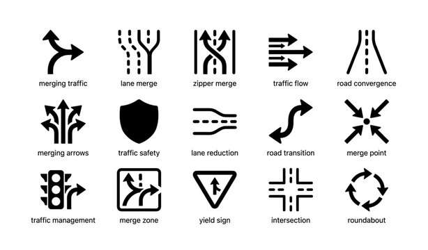 Traffic symbols: merging, lane, arrows, safety, intersection, roundabout