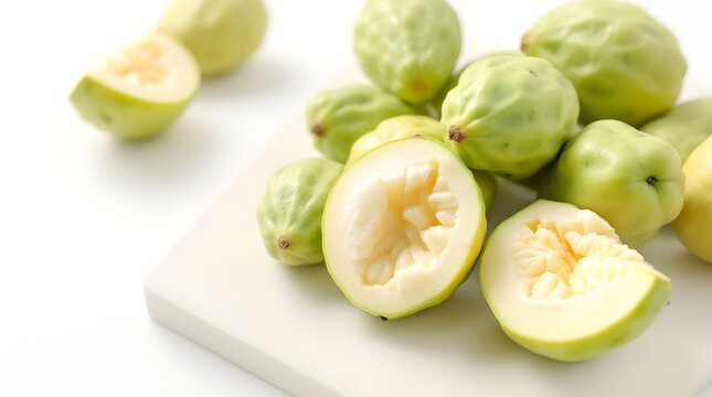 Group of whole and sliced feijoa fruits arranged on a white cutting board against a bright studio background with soft natural lighting