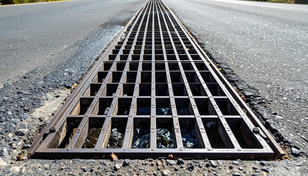 Long metal grate covering a drainage ditch in the middle of a paved road, with debris visible inside.