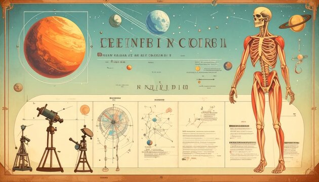 Vintage Scientific Illustration of Human Anatomy and Astronomy.