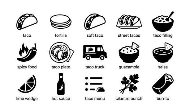 Taco icons set with food truck and condiments for mexican cuisine