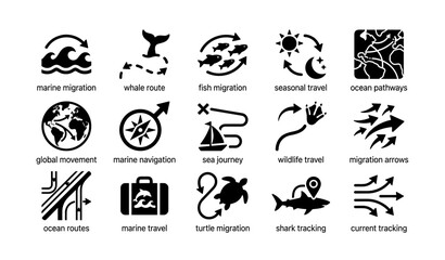 Obraz premium Marine migration symbols illustrating fish, whale, and turtle routes with ocean pathways