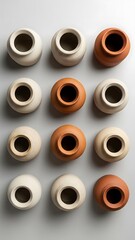 Fototapeta premium Elevated display of handcrafted pottery in neutral tones and terracotta hues