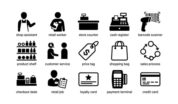 Retail icons set featuring cash registers, barcode scanners, and customer service elements