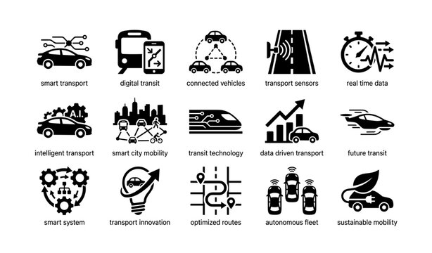 Smart transport icons: digital transit, connected vehicles, real-time data, sustainable mobility