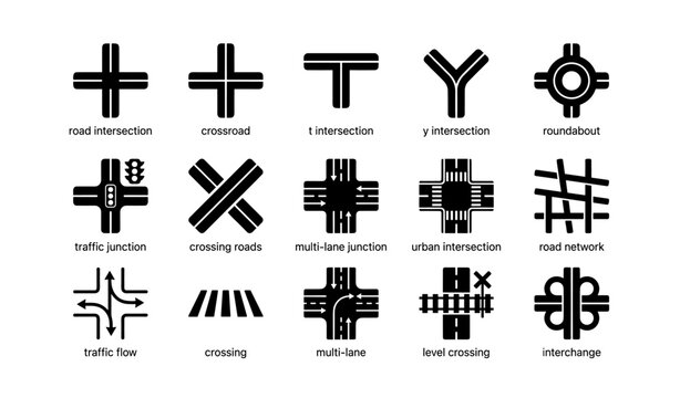 Icons of road intersections: crossroad, y intersection, traffic junction, and more