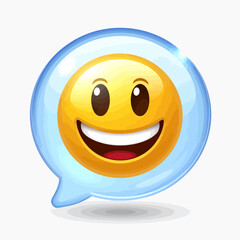 Fototapeta premium A cheerful yellow emoji with a wide smile and bright eyes, encased in a glossy blue speech bubble.