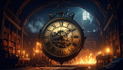 Obraz premium Vintage Clock in Dark Library Room.