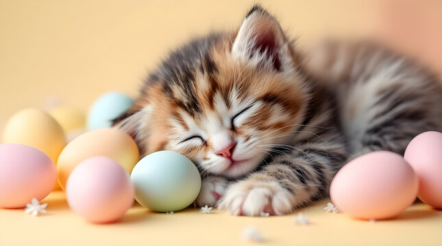 A tiny fluffy kitten sleeping peacefully surrounded by colorful pastel Easter eggs on a soft yellow background studio shot