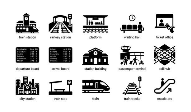 Transport icons: trains, stations, platforms, terminals, and tracks in black and white