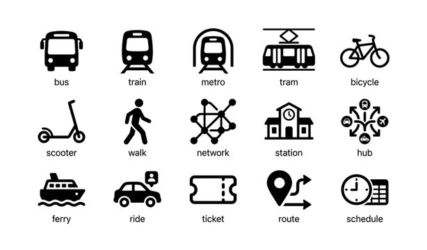 Public transportation icons: bus, train, metro, tram, bicycle, scooter, walk, network