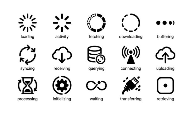 Loading and connectivity icons for digital and network processes